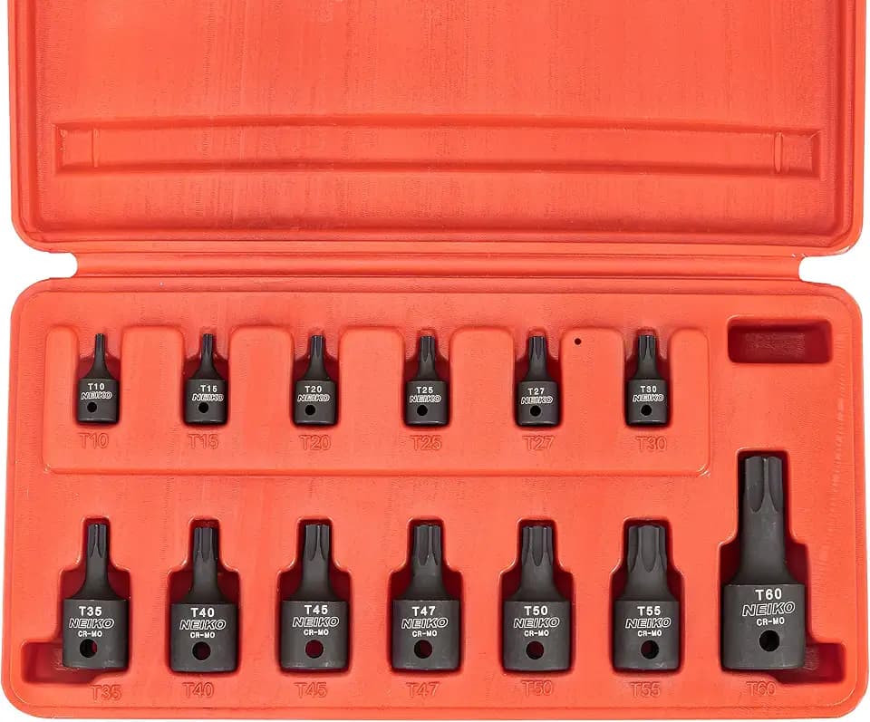 NEIKO 10281B Impact Torx Bit Socket Set, 1/4", 3/8" and 1/2" Drive, 6 Point Star Sockets, Heavy Duty Impact Grade Cr-Mo, T10 to T60 High Impact, Professional Grade Auto & Motorcycle Mechanic Socket