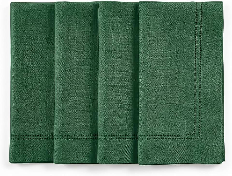 Solino Home 100% Linen Napkins Green, Maison Hemstitch 20 x 20 in, Set of 4