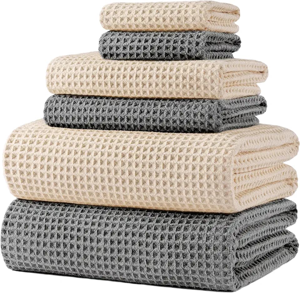POLYTE 430 GSM Poly Blend Microfiber Quick Dry Waffle Bath Towel Set of 6