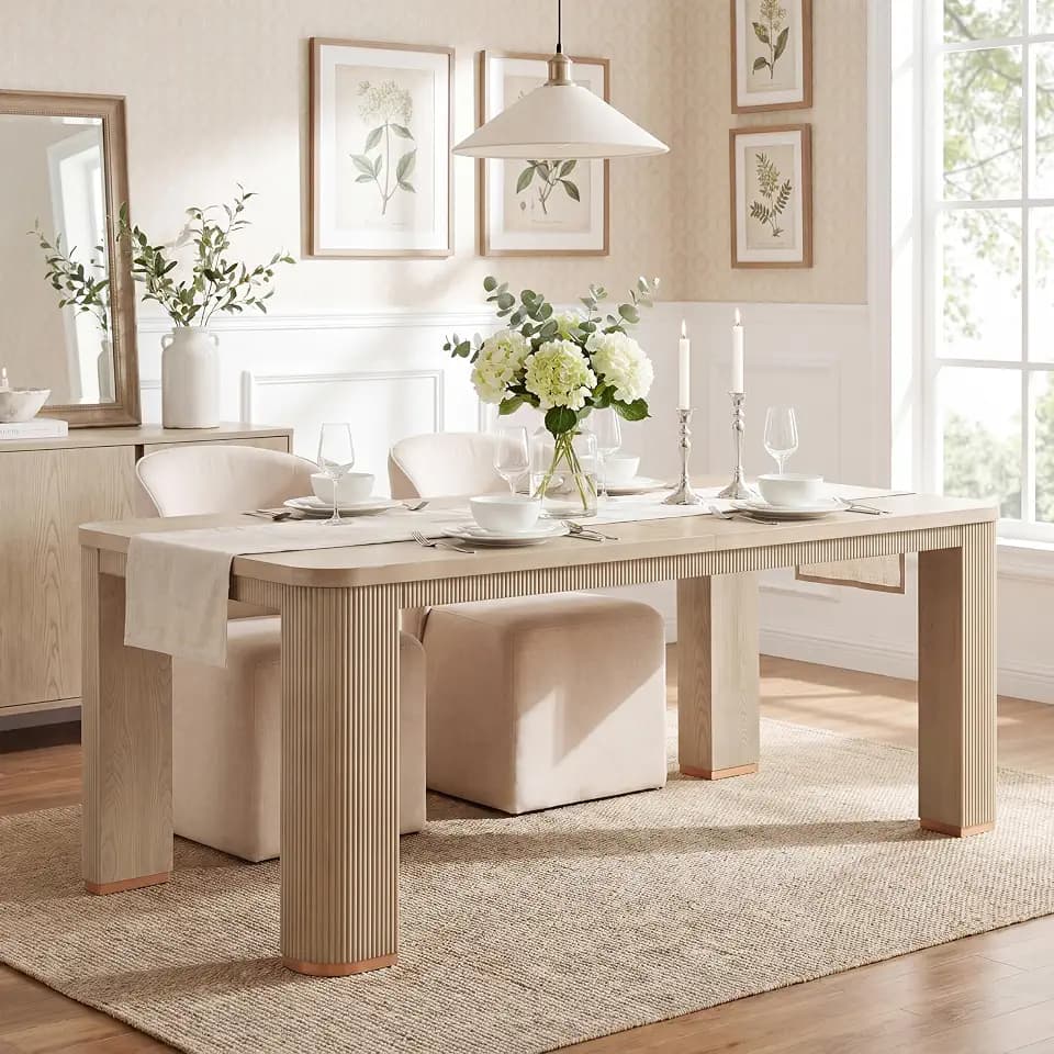 Christopher Knight Home Kami 90'L Wooden Dining Table for 6-8 People, Dining Room Table with Fluted Textured Detailing, Minimalist Modern Rectangular Kitchen Table with Rounded Edges, Light Ash