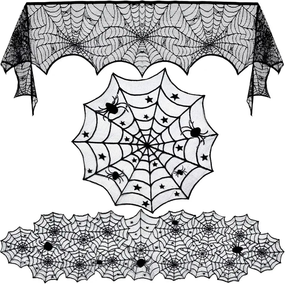 Tayfremn 3pack Halloween Decorations Set Halloween Tablecloth Black Lace Round Spider Cobweb Table Cover Fireplace Mantel Scarf Spiderweb Fireplace Scarf for Party