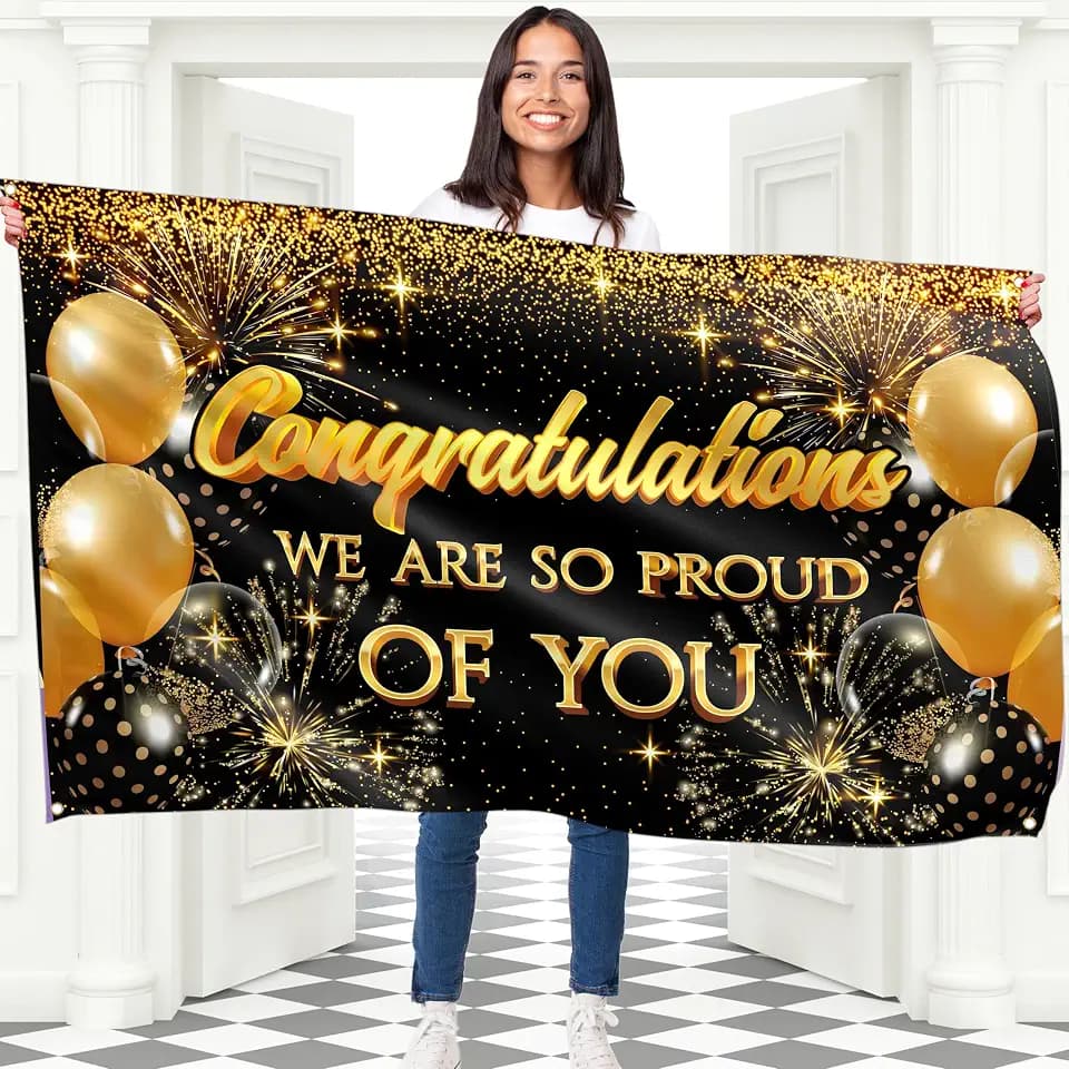 Congratulations Banner for Prom - Congratulations Decorations - Well Done - We Are So Proud of You - 5x3ft (Black and Gold)