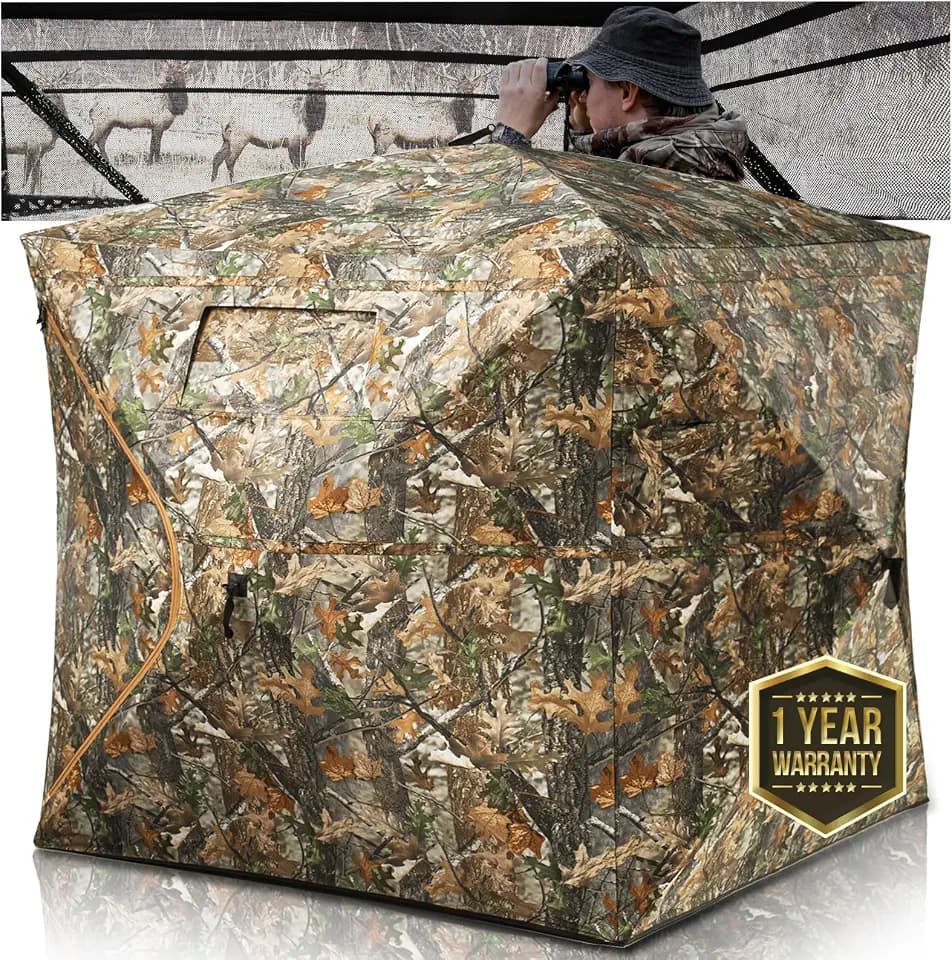HUNTSEN Portable Hunting Blind - 270°/360°See Through with Waterproof Floor Mat