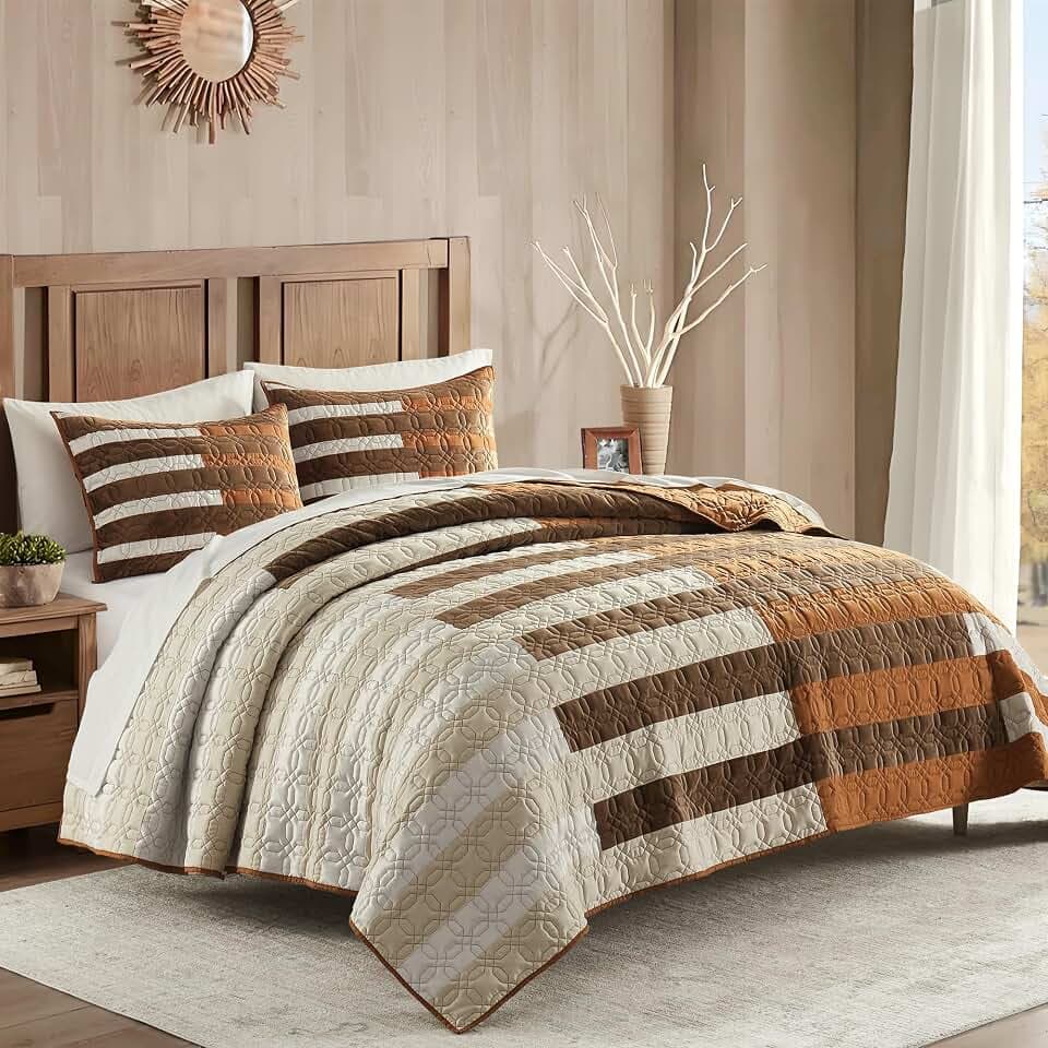 Wonderful Patchwork Quilt Set King, All-Season Bedding, Brown Boho Coverlet Soft Multi-Material Piano Key Design,Fashionable & Novel,Versatile as Quilt/Bedspread for Adults Teens Kids Bedroom,104"x90"