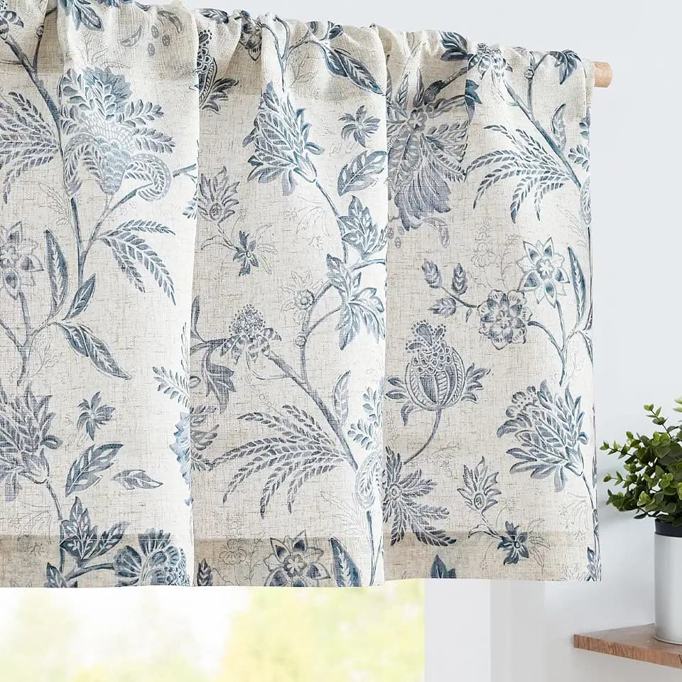 Vangao Linen Valance Curtain Farmhouse Cottage Floral Small Window Curtain Light Filtering for Kitchen Rustic Valance for Living Room Bedroom Rod Pocket 1 Panel Blue on Beige