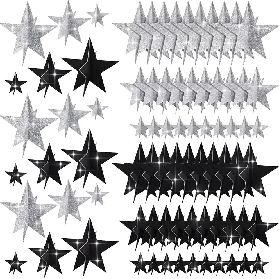 Sinload 45 Pcs 3D Glitter Black Silver Star Centerpieces Party Decorations