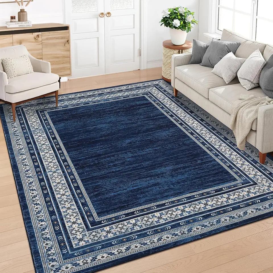 GarveeHome Washable 9x12 Area Rugs, Modern Large Rugs for Living Room, Indoor Soft Bordered Geometric Mat for Bedroom, Non Slip Low Pile Floor Cover for Dining Room Nursery, Blue