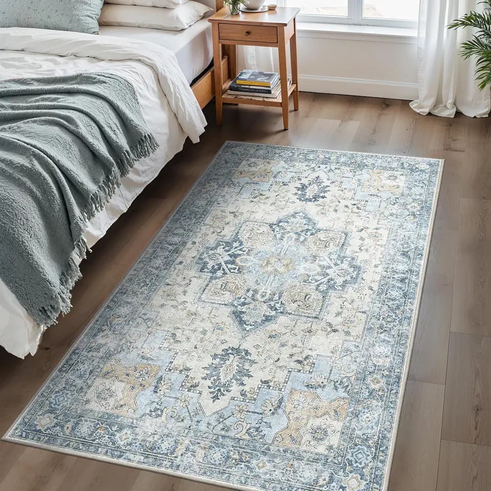 BESBLEE 4x6 Area Rug for Living Room,Washable Non Slip, Blue/Gold