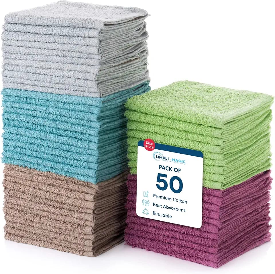 Simpli-Magic Cotton Wash Cloths 12"x12" (50 Pack) – Highly Absorbent Soft Towels for Bathroom – Commercial Terry Washcloth for Face, Hand, Bath, Kitchen, Gym & Hotel (Multicolor)