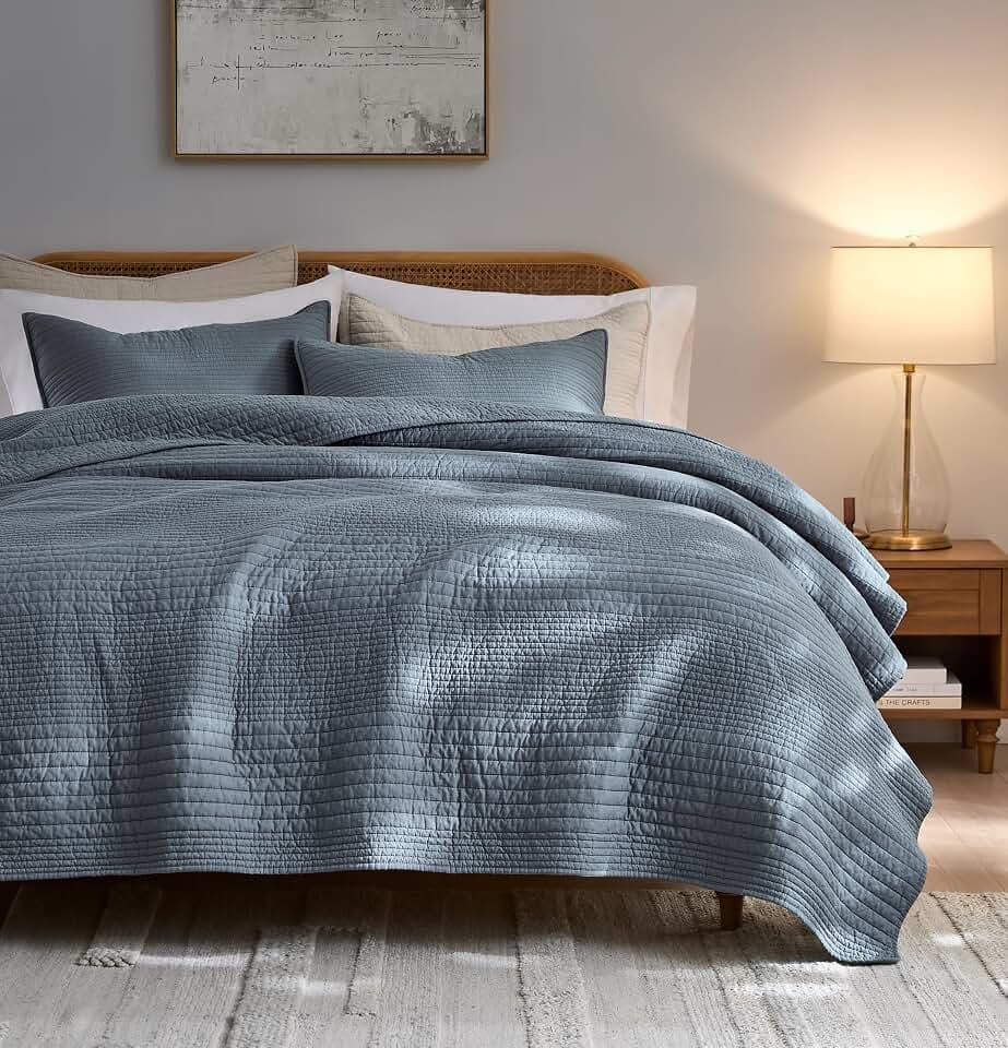 palassio 100% Cotton Striped Channel Quilt Set King Size, Dusty Blue
