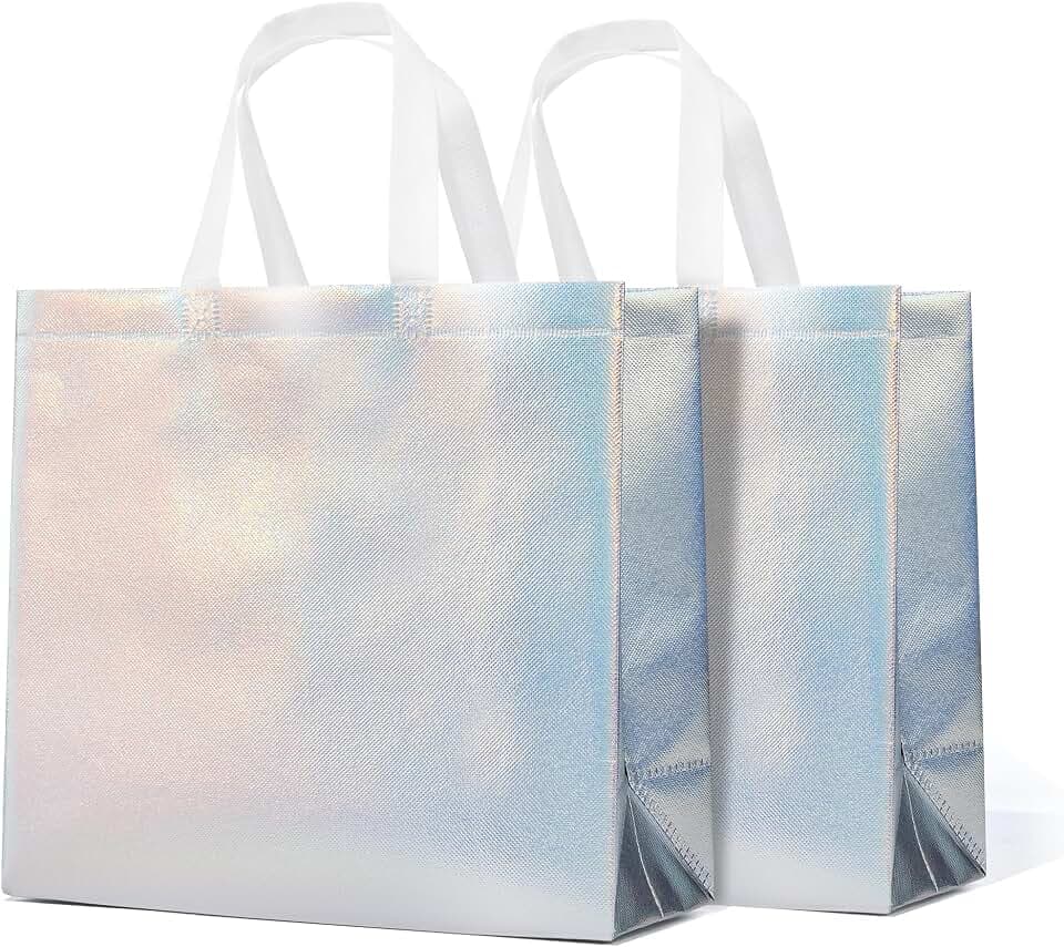 RACETOP 15 Pcs Iridescent Glossy Gift Bags Large Size, 13x5x11 Inch Holographic Reusable Gift Bags with Handles & Sturdy Base, Ideal for Birthday, Wedding, Bachelorette, Party Favors, Holiday Goodie