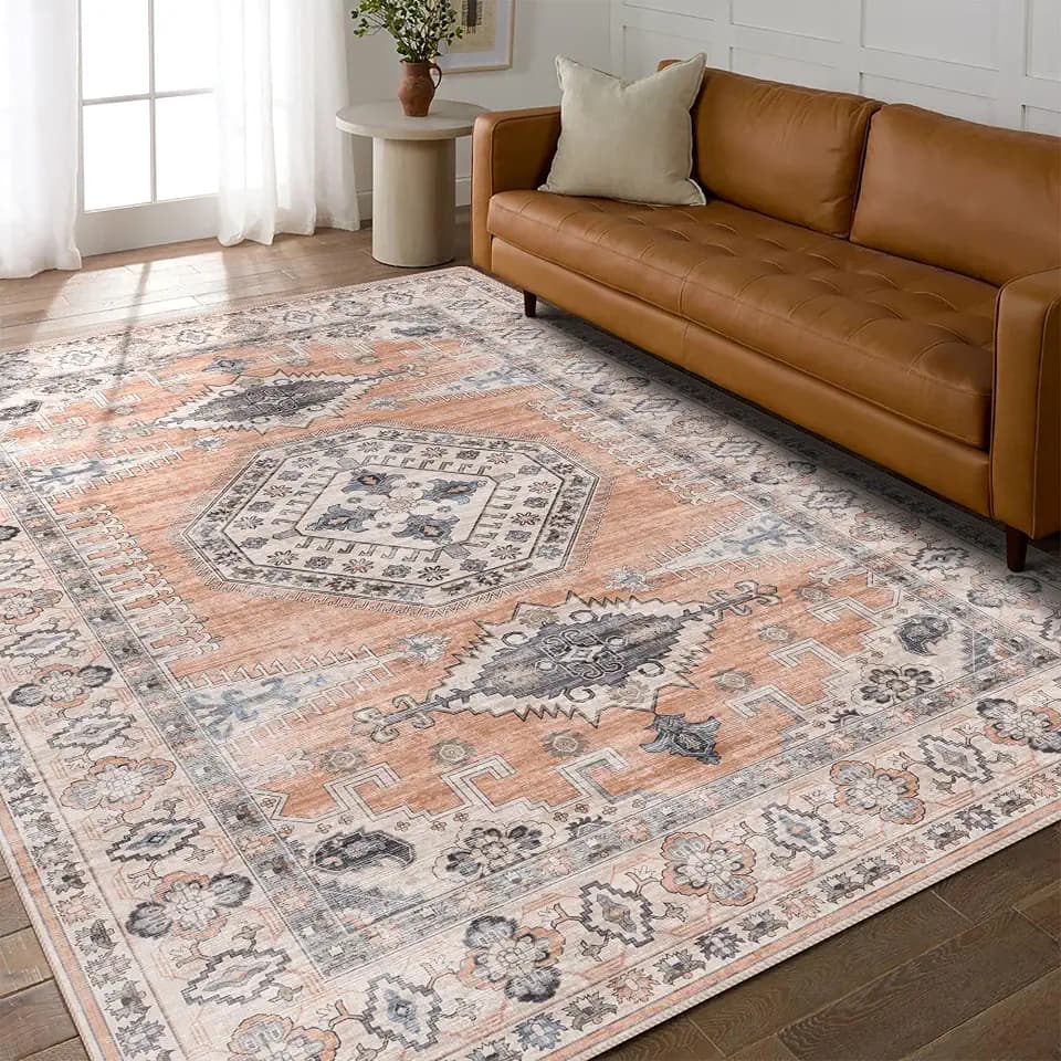 vivorug 9x12 Area Rugs for Living Room, Non Slip Machine Washable Vintage Rug, Ultra-Thin Lightweight Large Area Rug for Bedroom Nursery Dining Room, Low Pile Orange