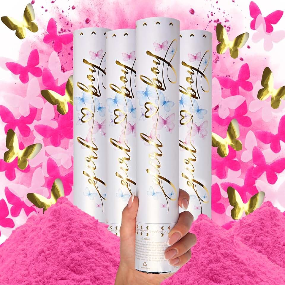 PrimePure Gender Reveal Confetti Cannon, Pink Butterflies & Powder, 4 Pack