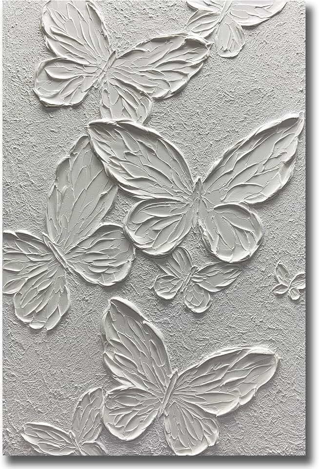 Boiee Hand-Painted Pure White Textured Butterfly Vertical Oil Painting