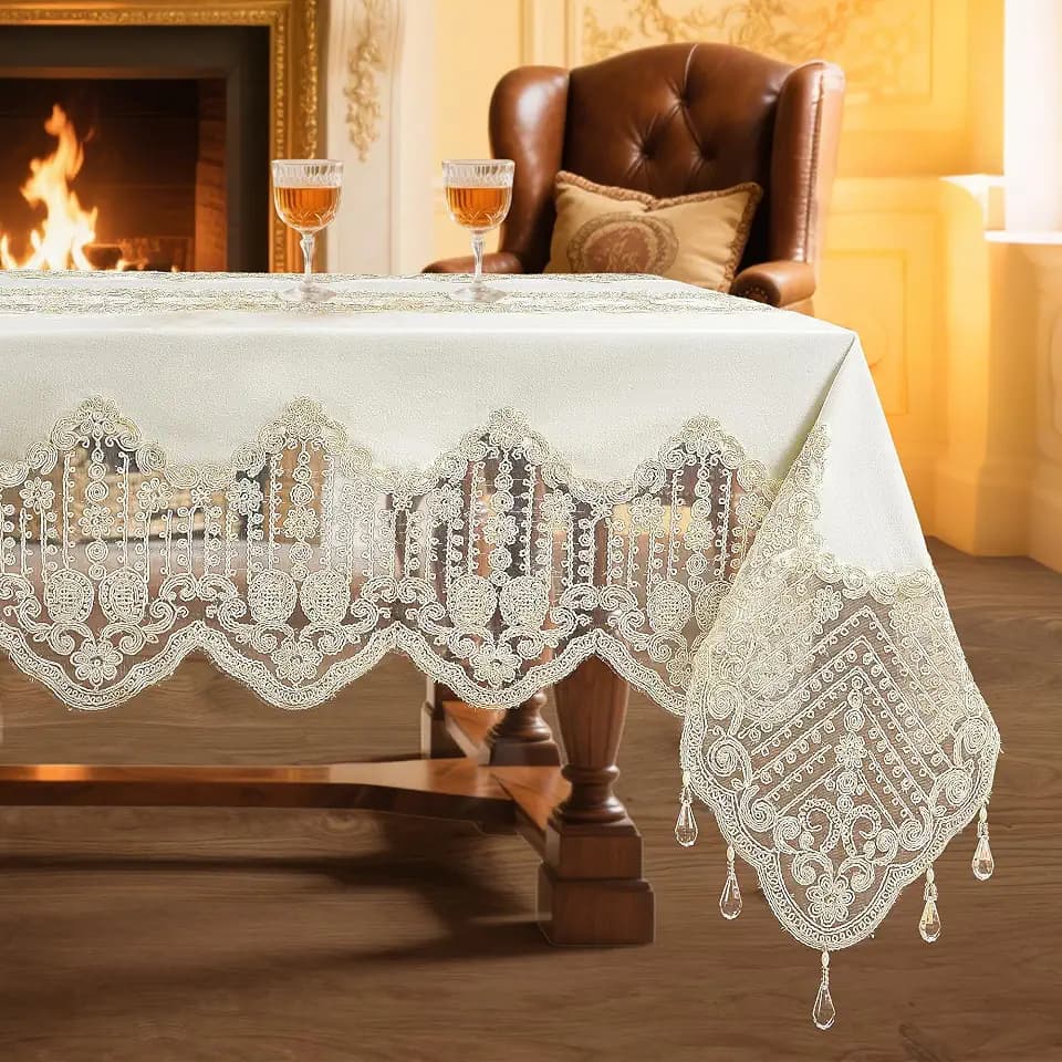 Premium Embroidery Tablecloth, White Lace & Satin Blend, Floral Boho Design, Vintage Italian Style, Sunflower & Butterfly Patterns, Farmhouse Spring Decor, (beigeFC118, 72in*144in)
