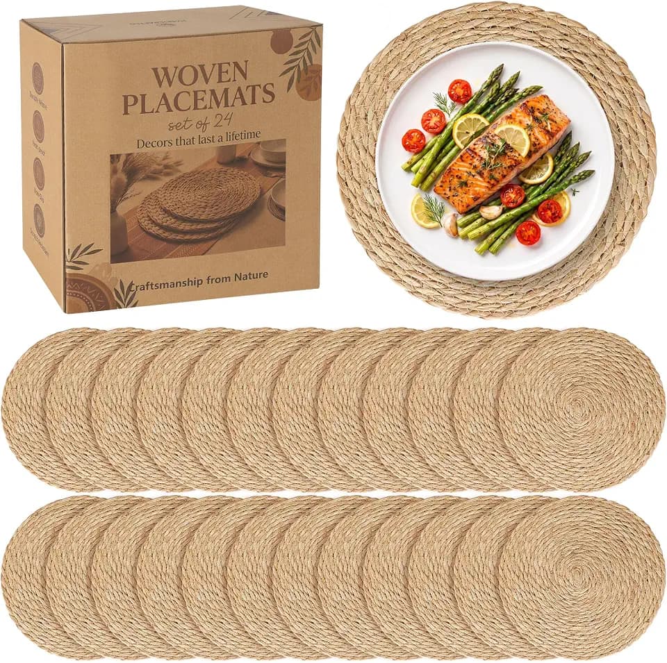 24 Pack 13.8IN Round Woven Placemats, Natural Bulrush Boho Farmhouse Mats