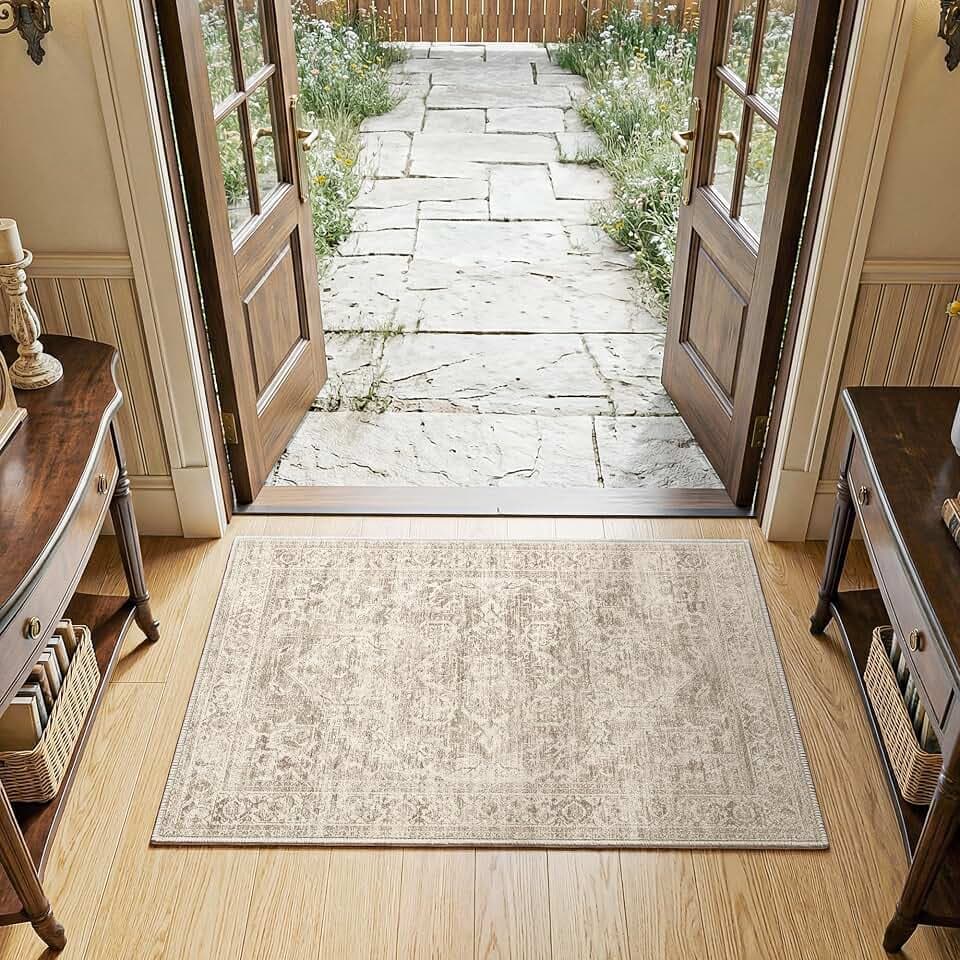FMFUNCTEX 2x3 Washable Brown Neutral Distressed Oriental Entryway Area Rug