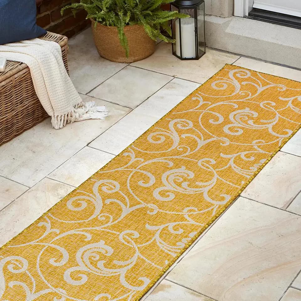 JONATHAN Y All-Over Scroll Indoor Outdoor Runner Rug 2X8 Yellow/Cream, Maribel Traditional Classic for Backyard, Patio, Porch, Easy-Cleaning, High Traffic, Pet-Friendly, Non-Shedding (TSN205C-28)
