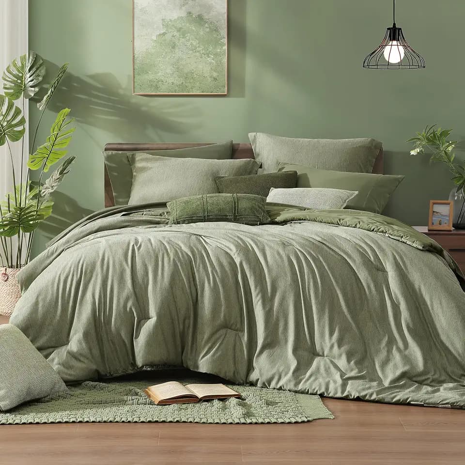 Monbix Queen Comforter Set Sage Green 7 Pieces Cationic Dyeing Bed in a Bag