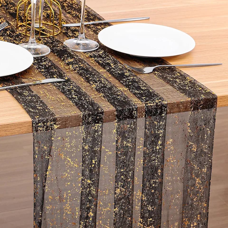 BINBE 6PCS Black Table Runner 10Ft Sheer Chiffon Fabric Cheesecloth Sequin Glitter Table Runner for Wedding Birthday Party Decor