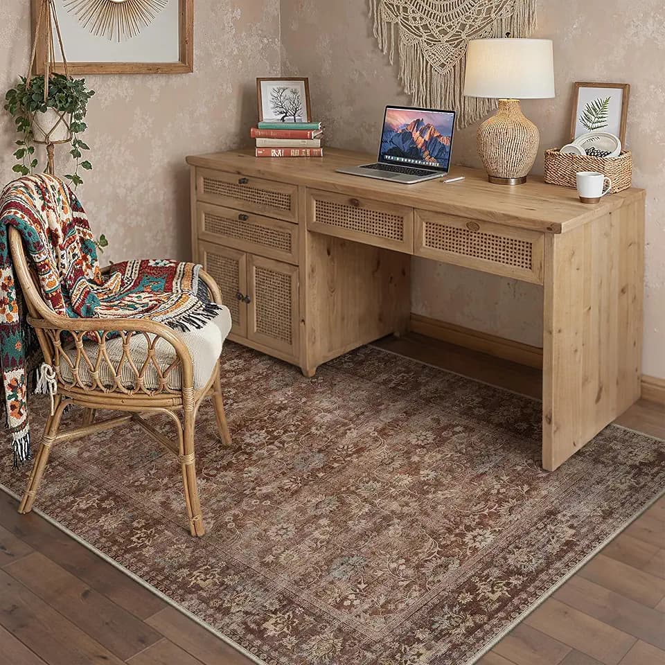 HUGEAR 4x6 Brick Red Vintage Floral Washable Area Rug for Entryway