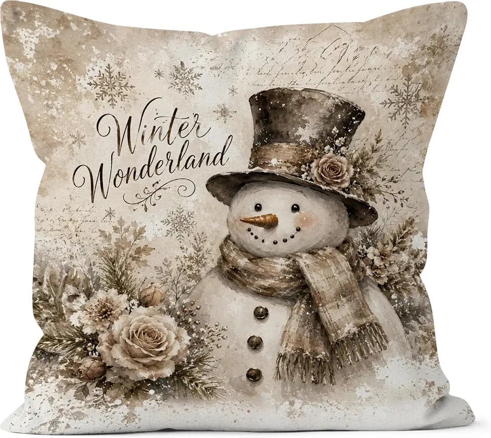 Vintage Christmas Winter Snowman Pillow Cover 18x18 Inch