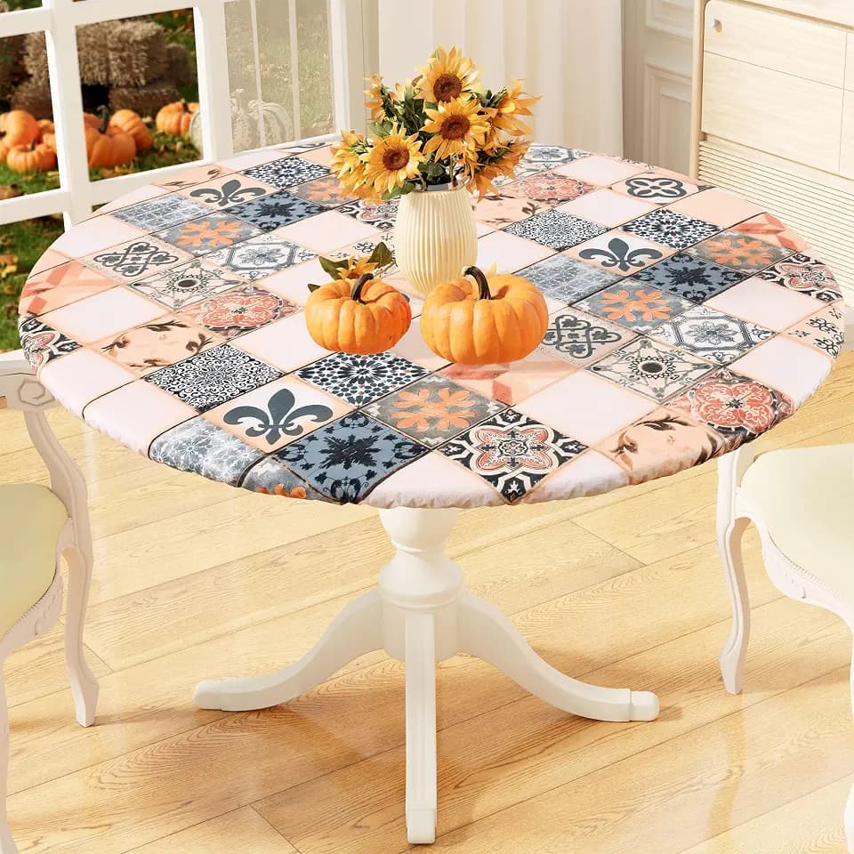 misaya Round Fitted Tablecloth with Elastic Edge, 100% Waterproof Oil Proof Plastic Table Cover, Vinyl Flannel Backed Tablecloth Fits 36"-44" Round Tables for Dinner, Outdoor, Picnic, Floor Tiles