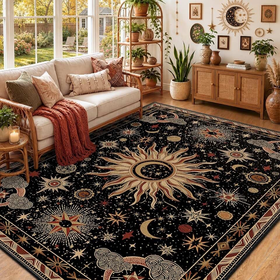 Vacuum-Friendly, 5x7 Washable Area Rug, Black Gold Beige Red