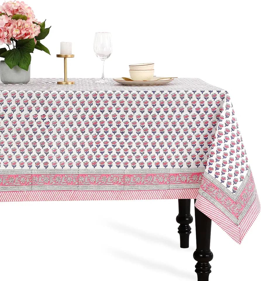 CPC Pink Sapphire Block Print 100% Cotton Rectangle Tablecloth 60x90 Inch