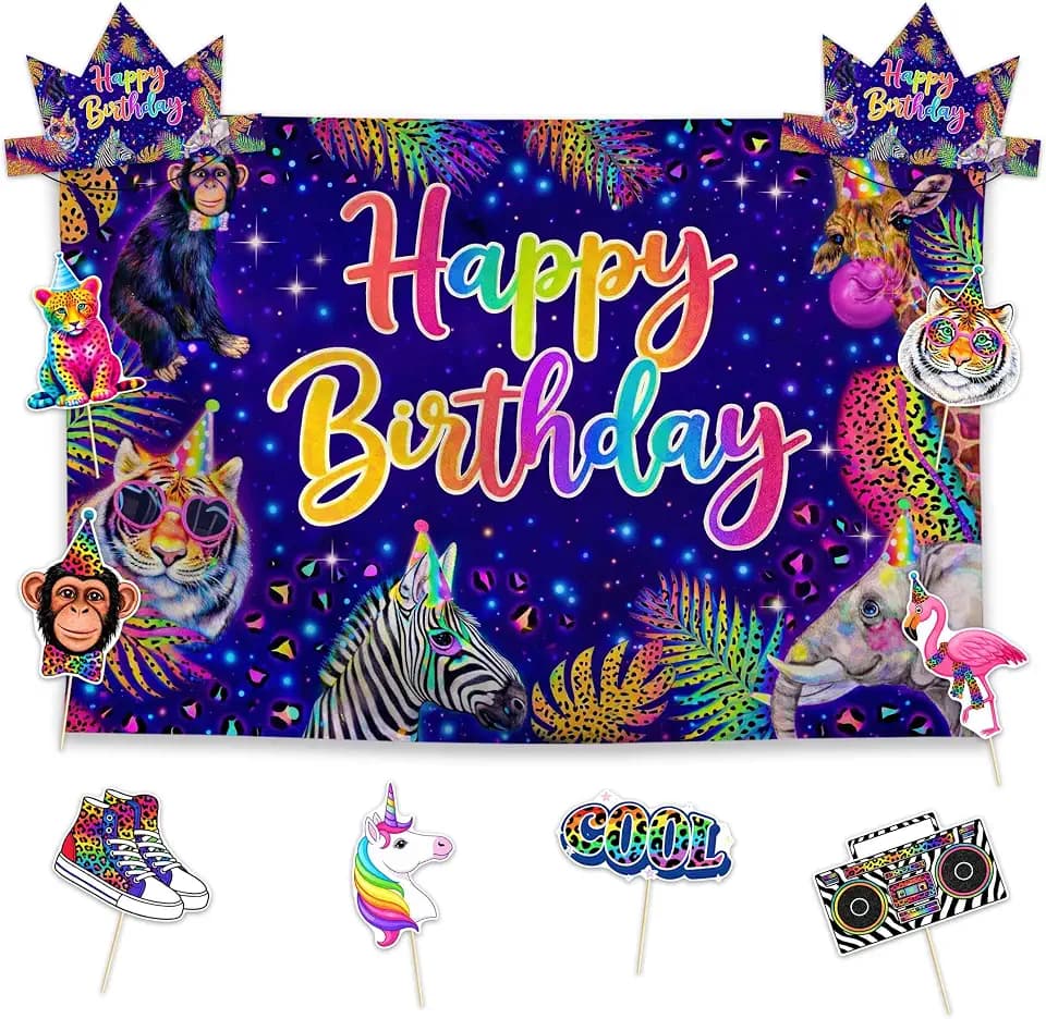 Allenjoy Neon Rainbow Leopard Animals Party Decorations Set - 11pcs Kit with 59"x35" Backdrop, 2 Headbands, 8 Photo Booth Props, Decor Supplies, Favors for Birthday Chirstmas Women Kids Boys Girls