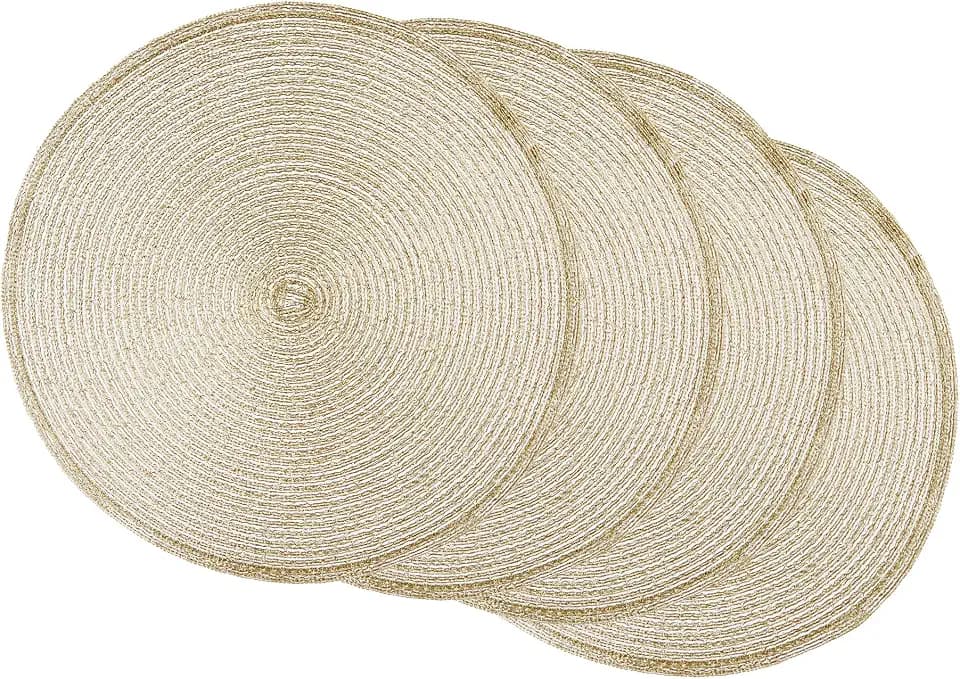 DII Metallic Round Woven Placemats, Set of 4, 15", Champagne Gold