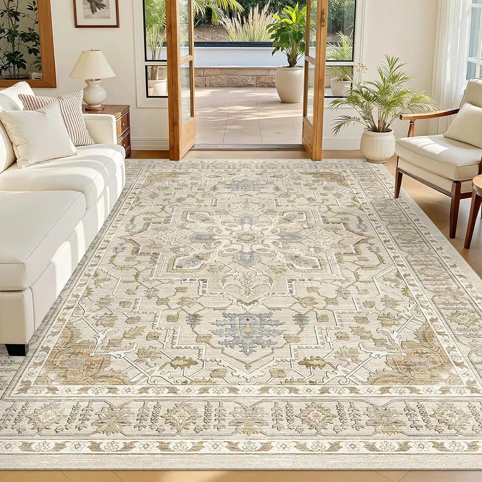 Madane 6x9 Area Rugs for Living Room, Vintage Washable Rug, Beige/Blue