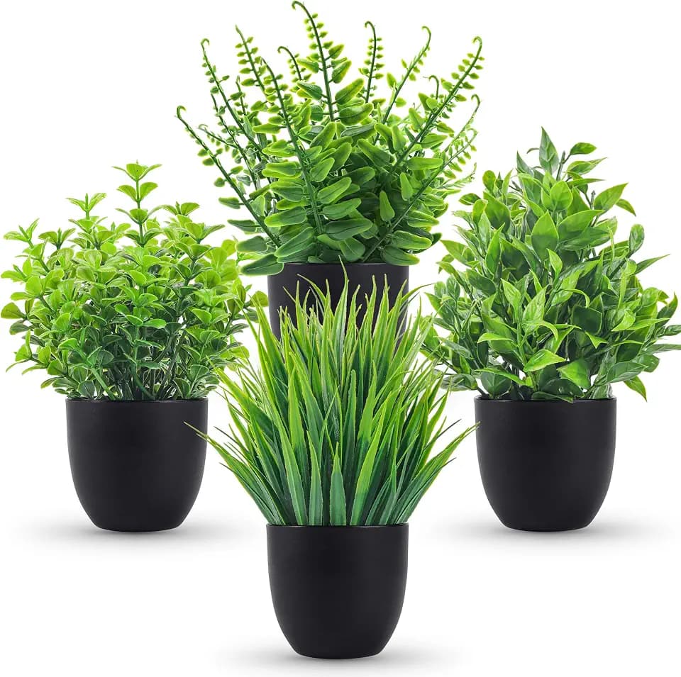 Der Rose 4 Pack Mini Fake Plants in Black Pots, 7" Bathroom & Desk Decor