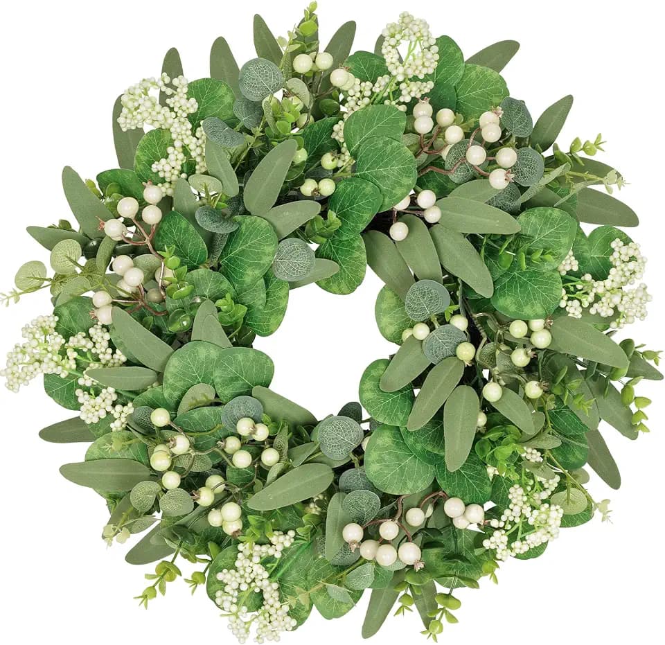 Vlorart 20 Inch Artificial Spring Summer Christmas Greenery Wreaths for Front Door Green Eucalyptus Leaf Wreath Decor Boxwood with Big Berries for Farmhouse Outside