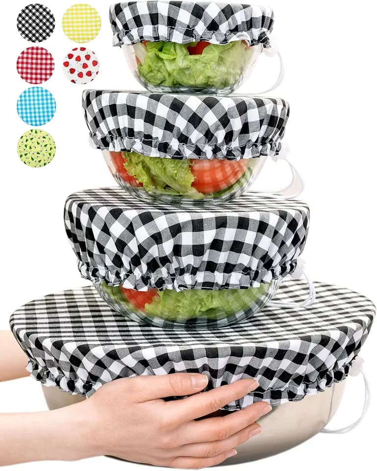 Large US Size for Handmade Reusable Cotton Fabric Bowl Covers - Two Layers of Fabric (Set of 4, Black plaid-1)