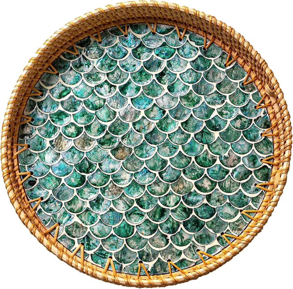 JUNGLE CULTURE Round Rattan Tray with Mother of Pearl Inlay • Cascade 12”