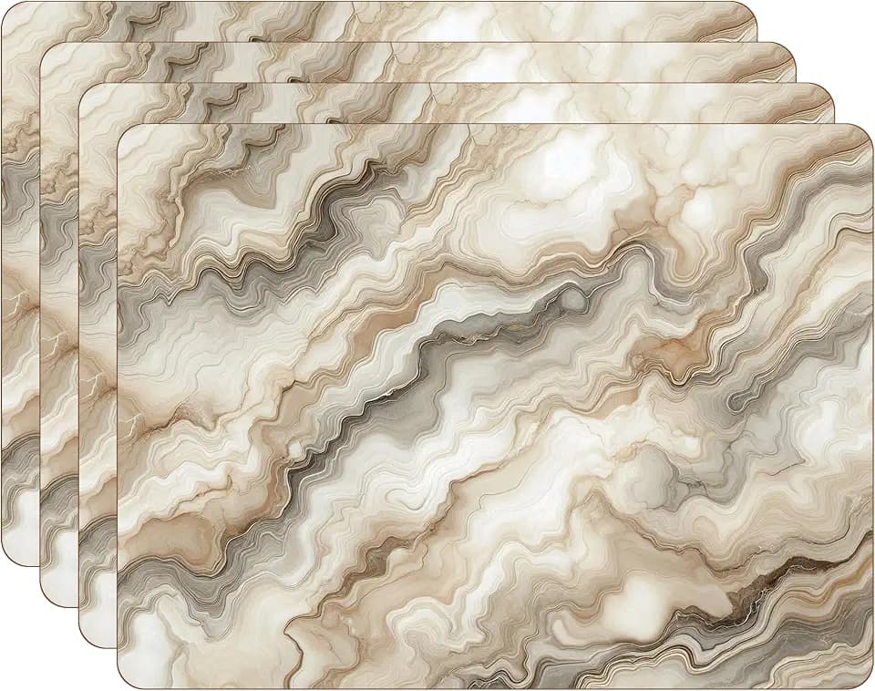 Set of 4 Cork Backed Placemats, Marble Design Dining and Banquet Table Decoration Hard Placemat 12" x 16" (Beige White Marble)