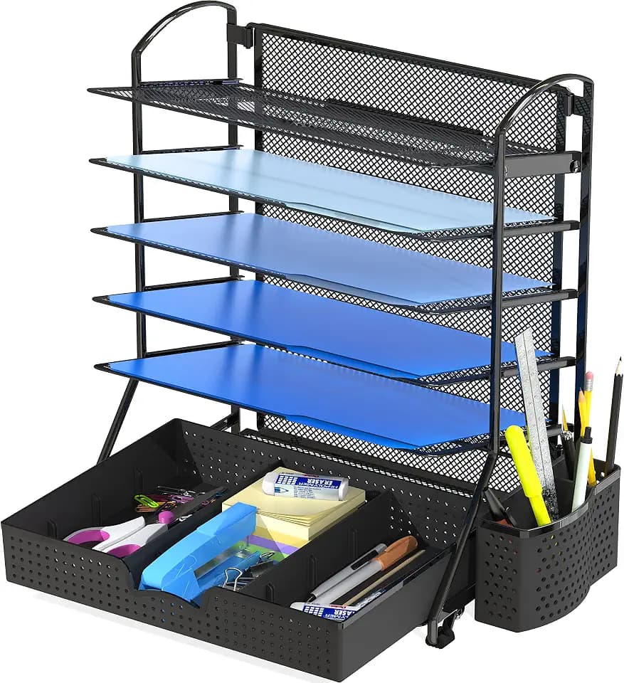 Simple Houseware 6-Tier Desk File Organizer w/Drawer & Pen Holder, Black
