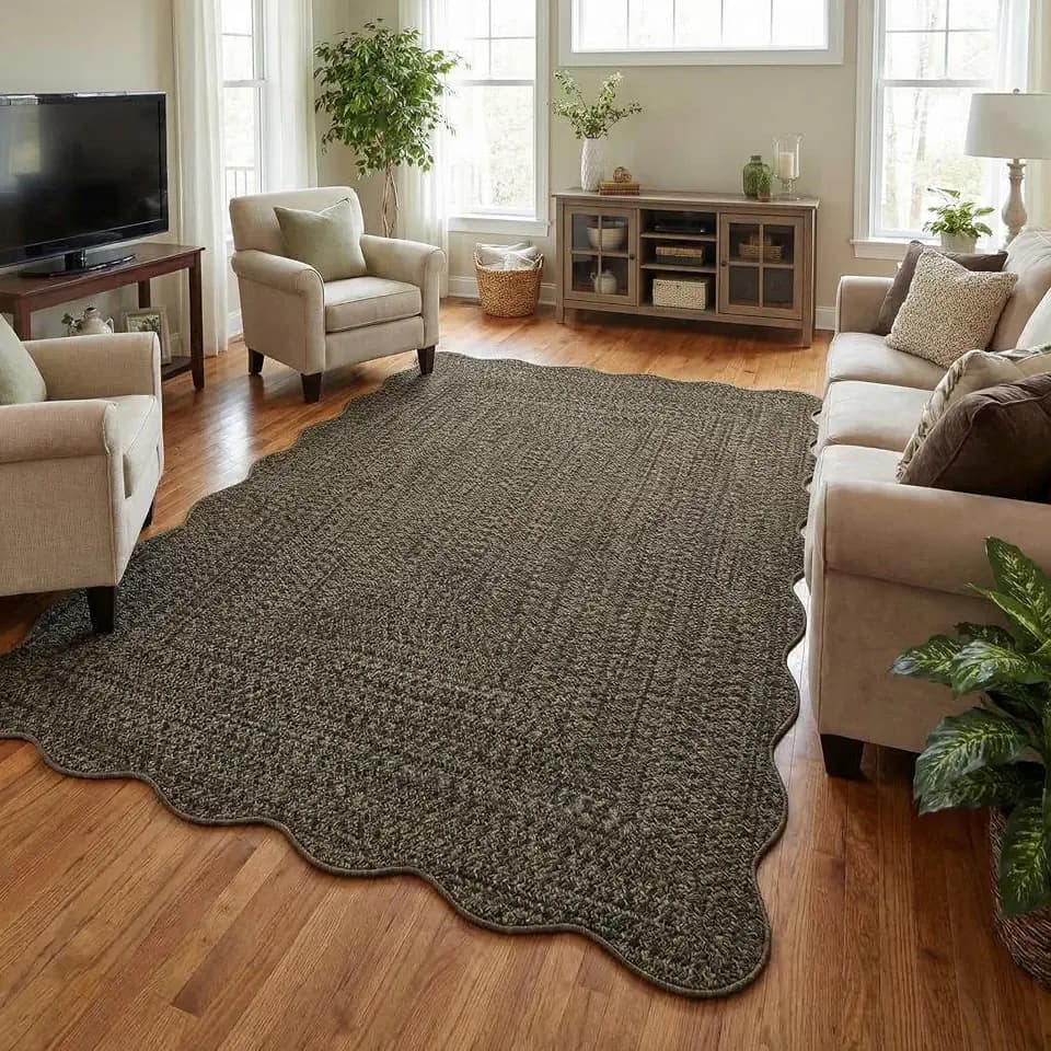 Scalloped Washable Rug 5x7 Living Room Rug Modern Braided Print Soft Rugs Non Slip Low Pile Non-Shedding Carpet Rustic Stain Resistant Foldable Mat for Bedroom Dining Room Nursery Brown