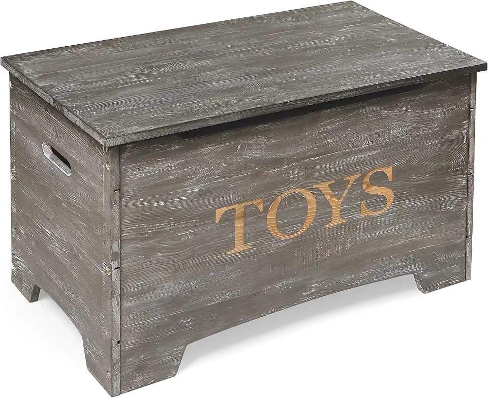 Badger Basket Farmhouse Solid Wood Rustic Toy Box with Reversible Panel - Distressed White, Safety Hinges & Customizable Storage