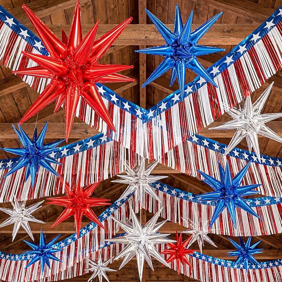 Capoda 23 Pcs 4th of July Decorations with 8 Red White and Blue Foil Fringe Garlands Streamers 15 Star Balloons 22 Inch for Patriotic Independence Day 250th USA Anniversary Parade Floats Decorations