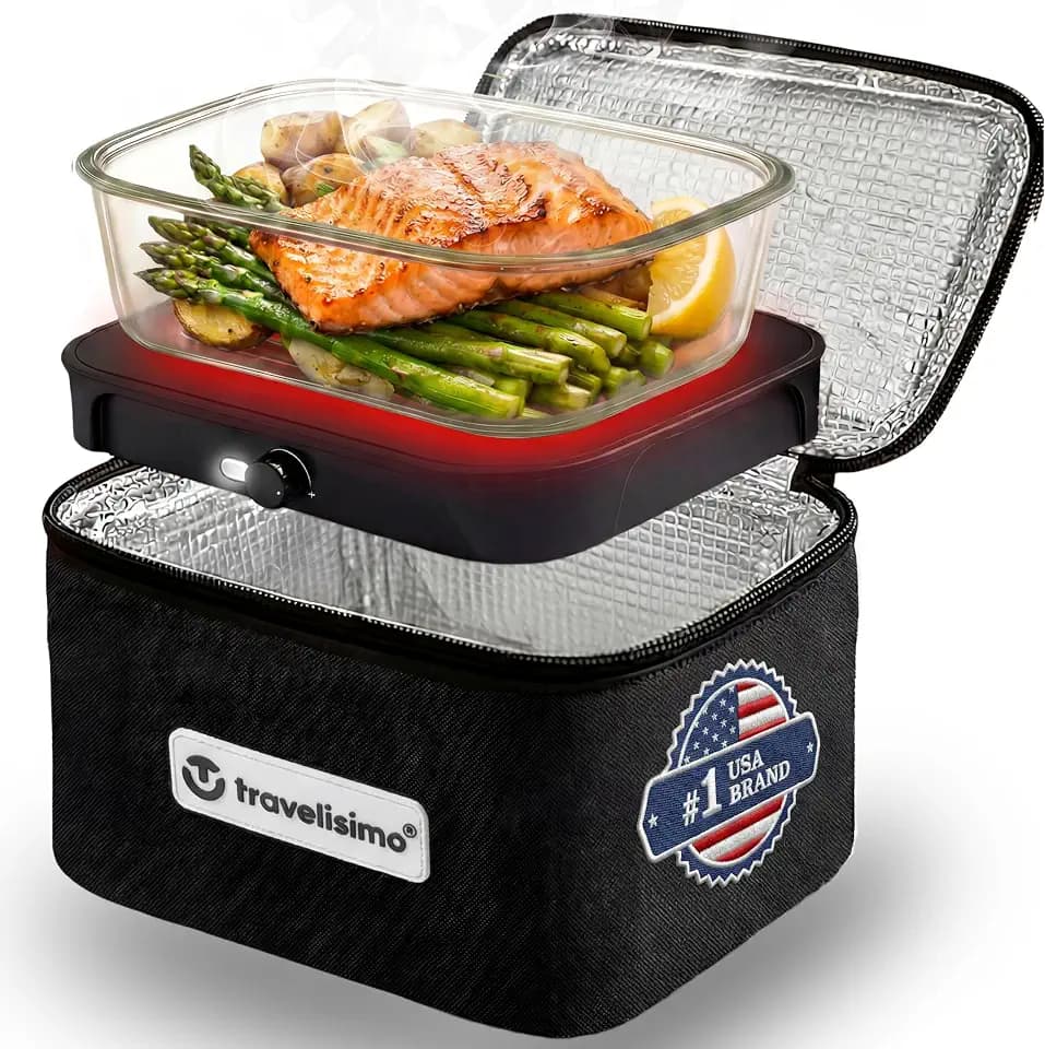 TRAVELISIMO Portable Microwave, Portable Food Warmer For Work & Home Use, Heated Lunch Box 12V/24V/110V, Mini Portable Oven 3-in-1 Food Heater, Electric Lunch Box, Calentador de Comida Portatil