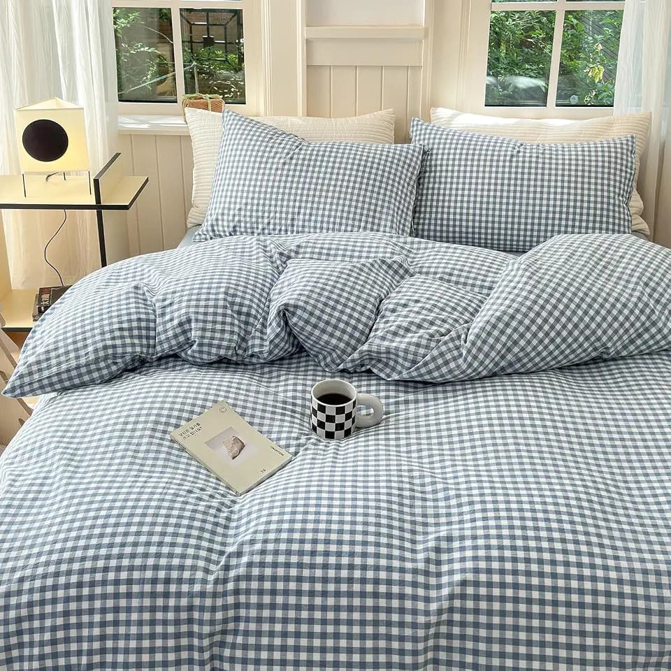LifeTB Gingham Duvet Cover King 100% Washed Cotton Blue Plaid Duvet Cover 3 Pieces Boho Grid Comforter Cover with 2 Pillowcases Luxury Soft Gingham Bedding Set Buffalo Grid Duvet Cover King Size