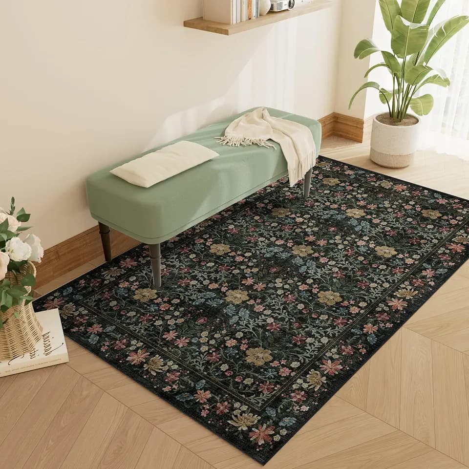 DUKINO 3x5 Rug, Washable Vintage Floral Bedroom Area Rug Non Slip, Black