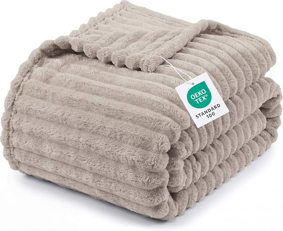 Utopia Bedding Fluffy Striped Fleece Blanket Linen Queen, 90x90 Inches