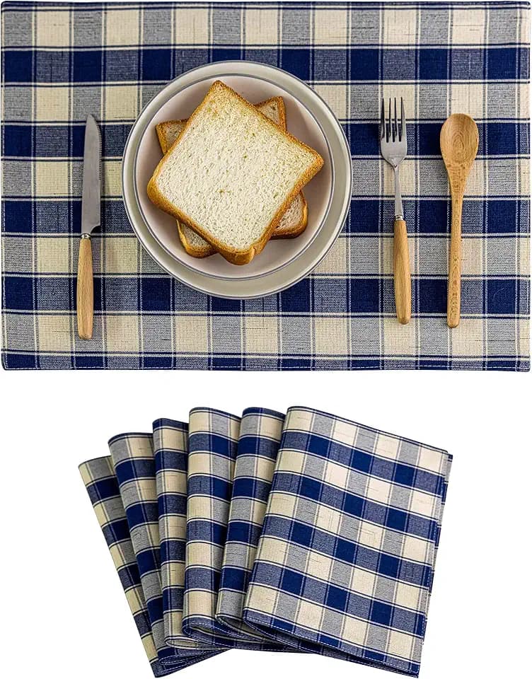 Home Brilliant Farmhouse Placemats Set of 6 Machine Washable Place Mats for Kitchen Table Mats, 13 x 19 inches, Checker Plaid, Navy Blue