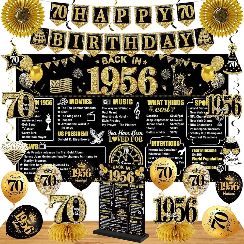 70th Birthday Decorations Kit for Men Women, Black Gold 24Pcs