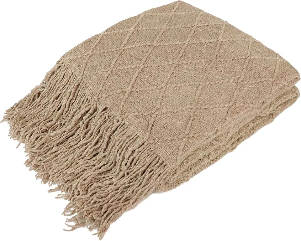 PAVILIA Tan Taupe Knit Throw Blanket, Soft Knitted Farmhouse, 50x60