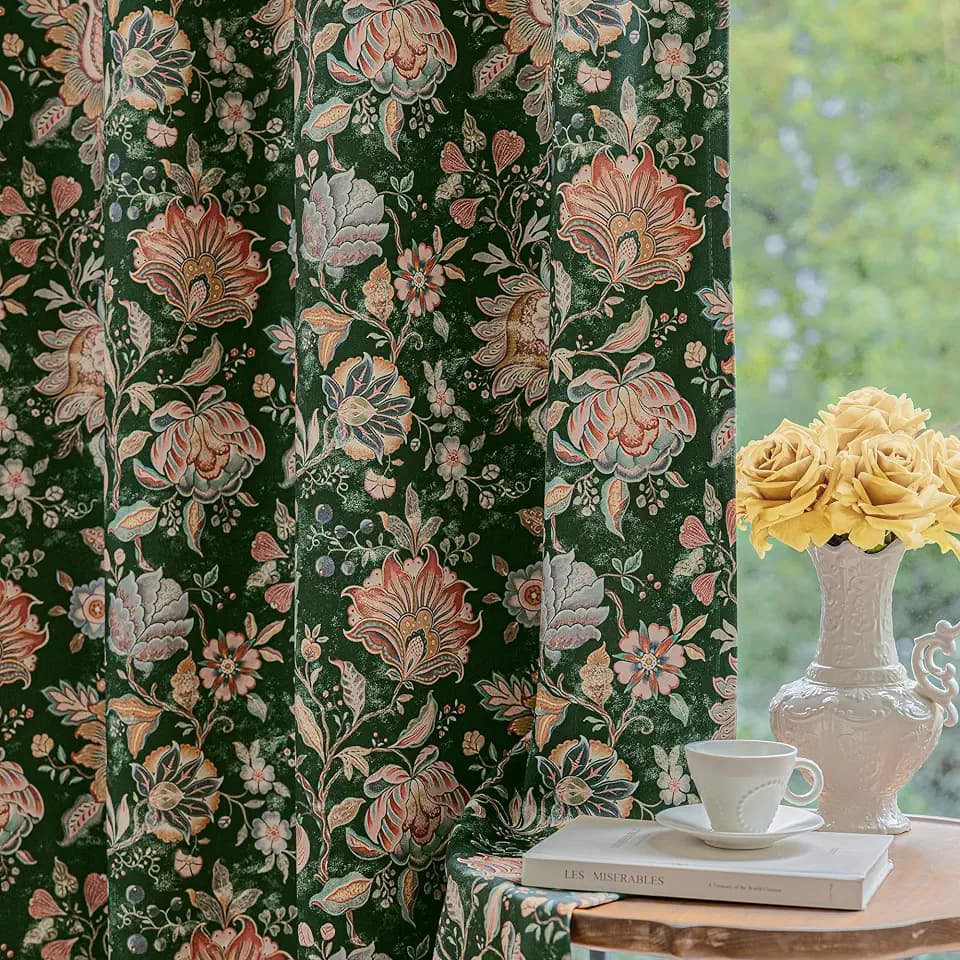 FMFUNCTEX Emerald Green Boho Blackout Floral Curtains, 72 Inches, 2 Panels
