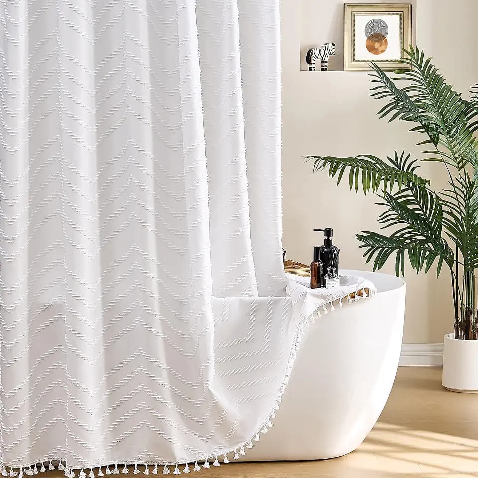 Siiluminisoy Extra Long White Boho Shower Curtain with Tassel, Woven Fabric 96 in Shower Curtain, Tufted Chevron Striped, 72 x 96, Modern Chic Textured Minimalist Shower Curtains for Bathroom